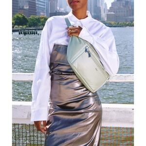 NWT Caraa Sling Bag Large Nylon Crossbody in Sage Green Silver